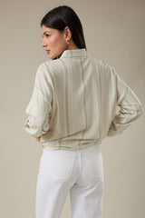 Rolled Sleeve Button Down Stripe Top Sage Stripe