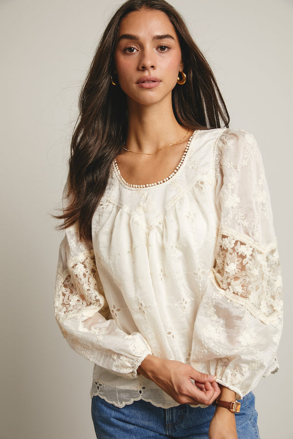 Embroidered Lace Puff Sleeve Blouse Ecru
