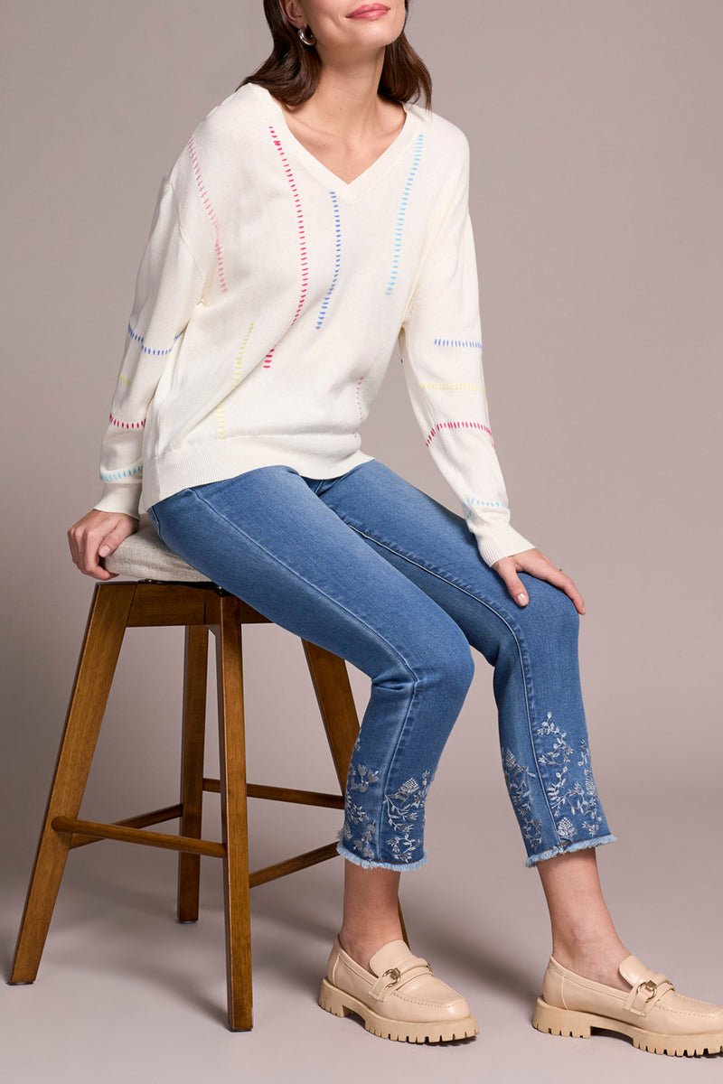 Embroidered Lines Vneck Sweater Eggshell