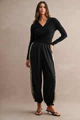 High Waisted Lace Trim Satin Balloon Pants Black