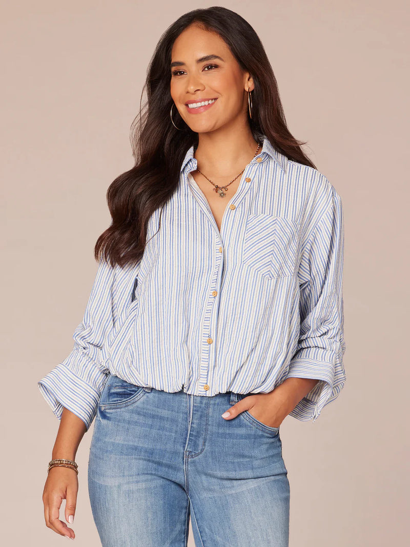 3/4 Tucked Sleeve Bubble Hem Collared Stripe Shirt Provence Blue Multi