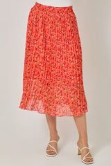 Pleated Floral Midi Skirt Tomato