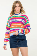 Multicolor Scallop Knit Stripe Sweater Cream
