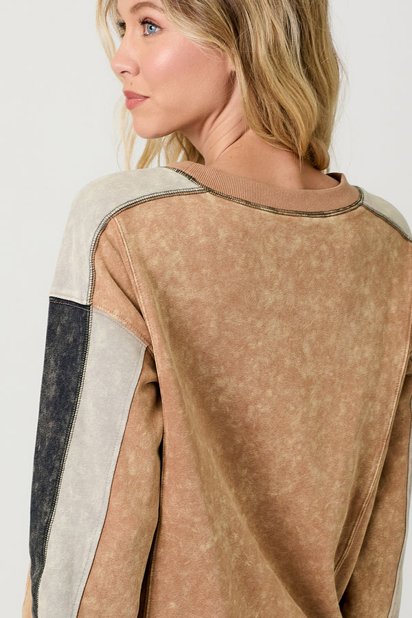 Washed Colorblock Crew Neck Terry Pullover