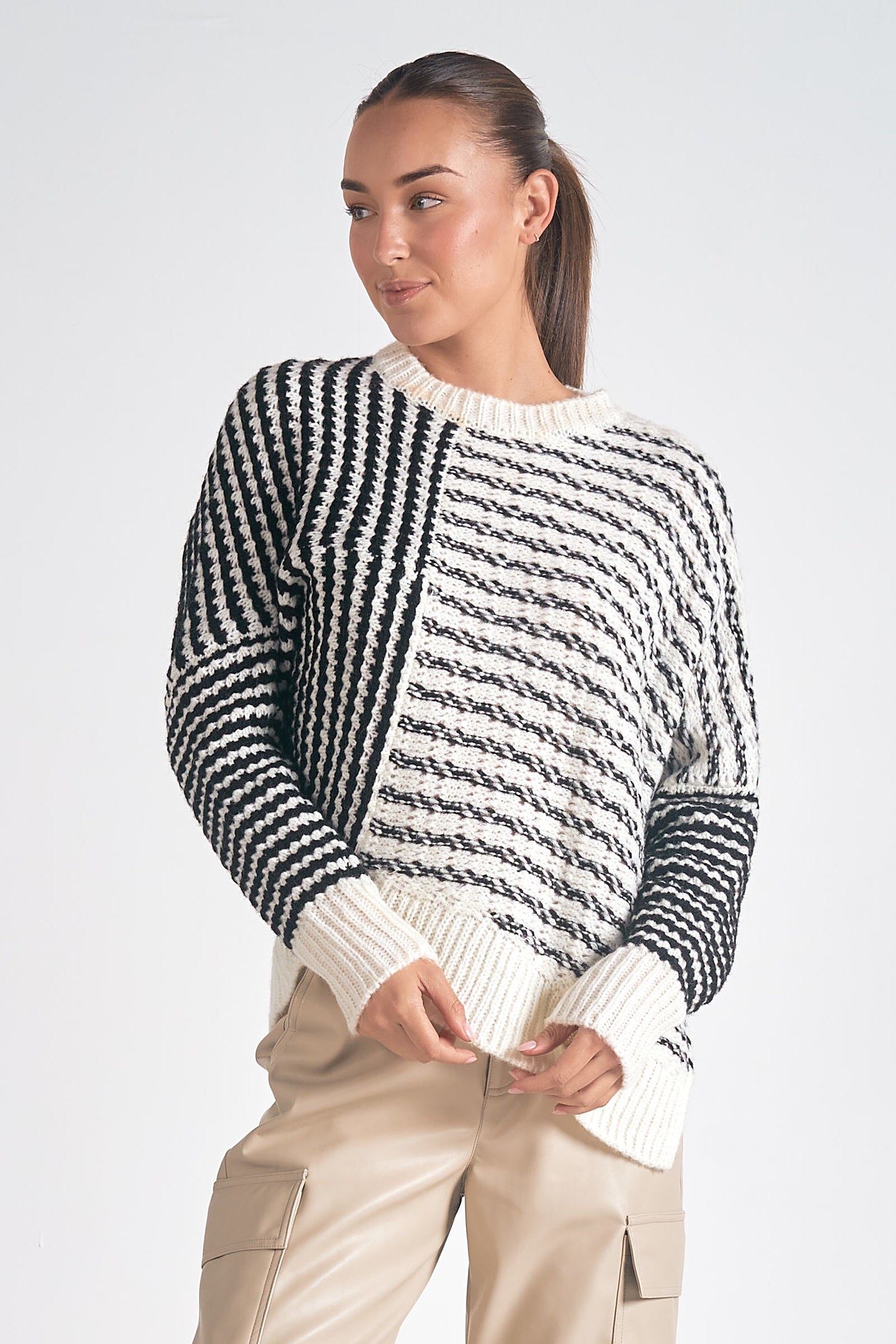 Contrast Mix Stripe Chunky Knit Asymmetric Sweater Black + White