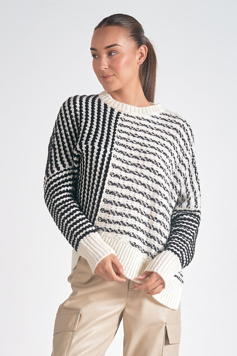 Contrast Mix Stripe Chunky Knit Asymmetric Sweater