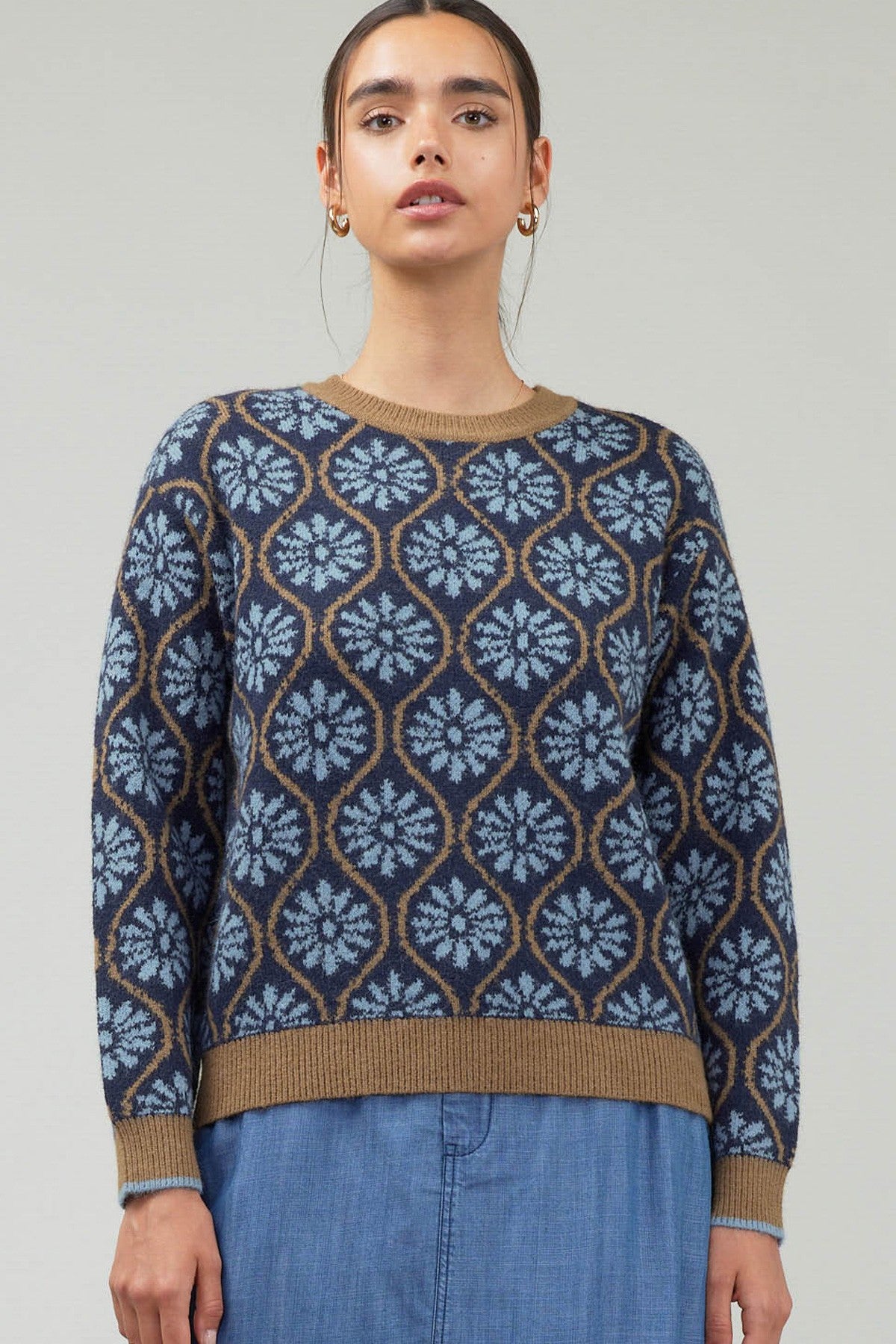 Mod Floral Pullover Sweater Blue Multi