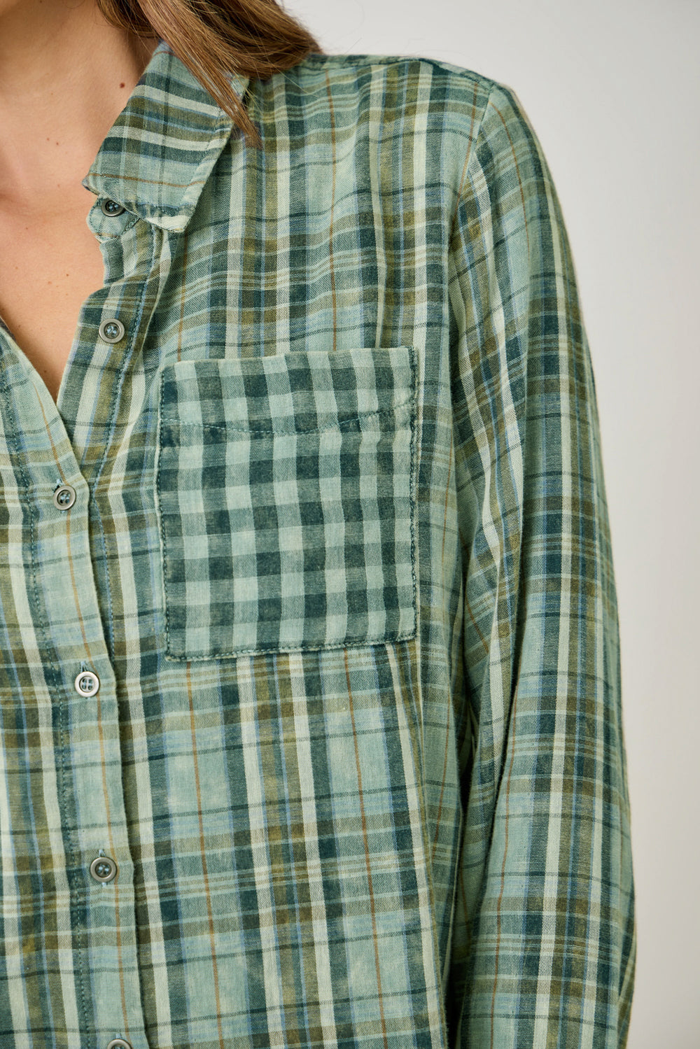 Fringe Bottom Detail Washed Plaid Shirt Washed Green