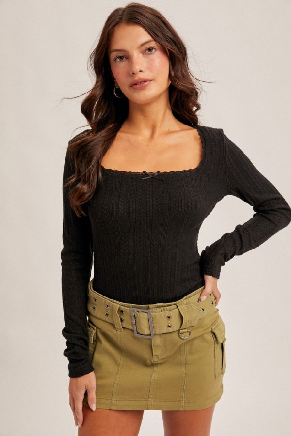 Edge Lace Neck Pointelle Knit Top Black