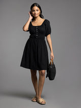 Bardot Gathered Waist Button Detail Dress Black