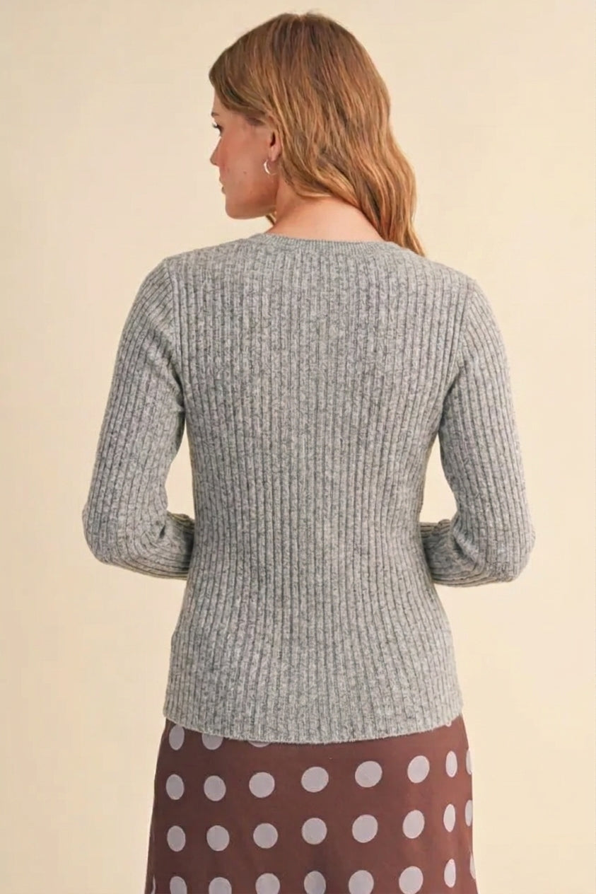 Two Fer Layered Button Cardi Top Heather Grey