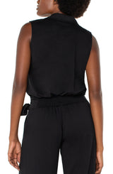 Surplice Side Self Tie Collared  Sleeveless Top Black