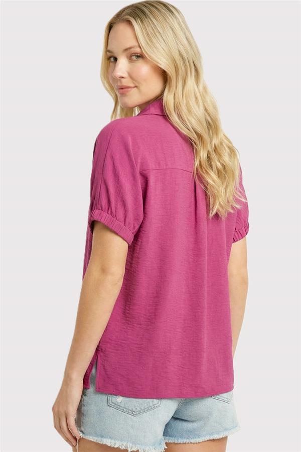 Johnny Collar Elastic Sleeve Top Dark Fuchsia