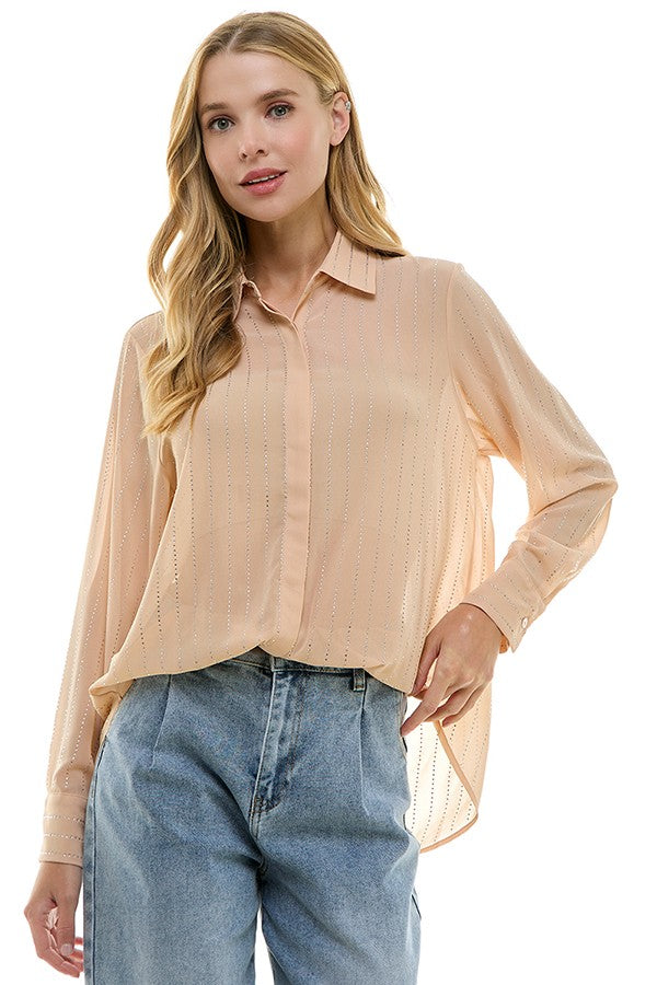 Crystal Pinstripe Button Down Shirt Nude