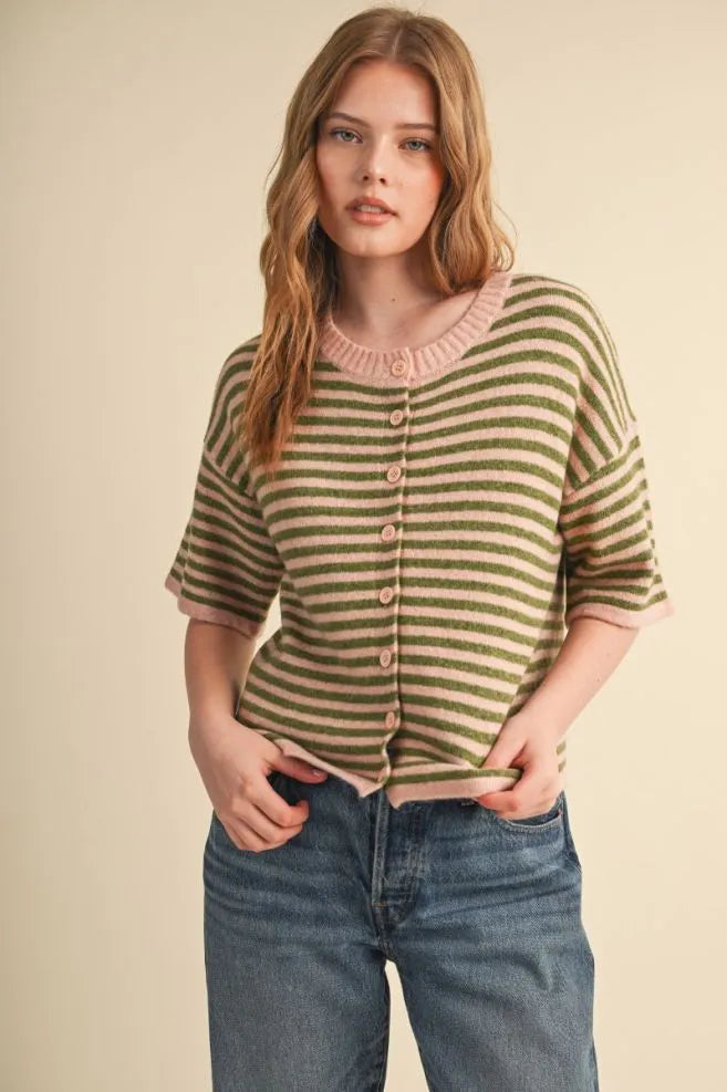 Short Sleeve Stripe Sweater Cardigan Rose Olive