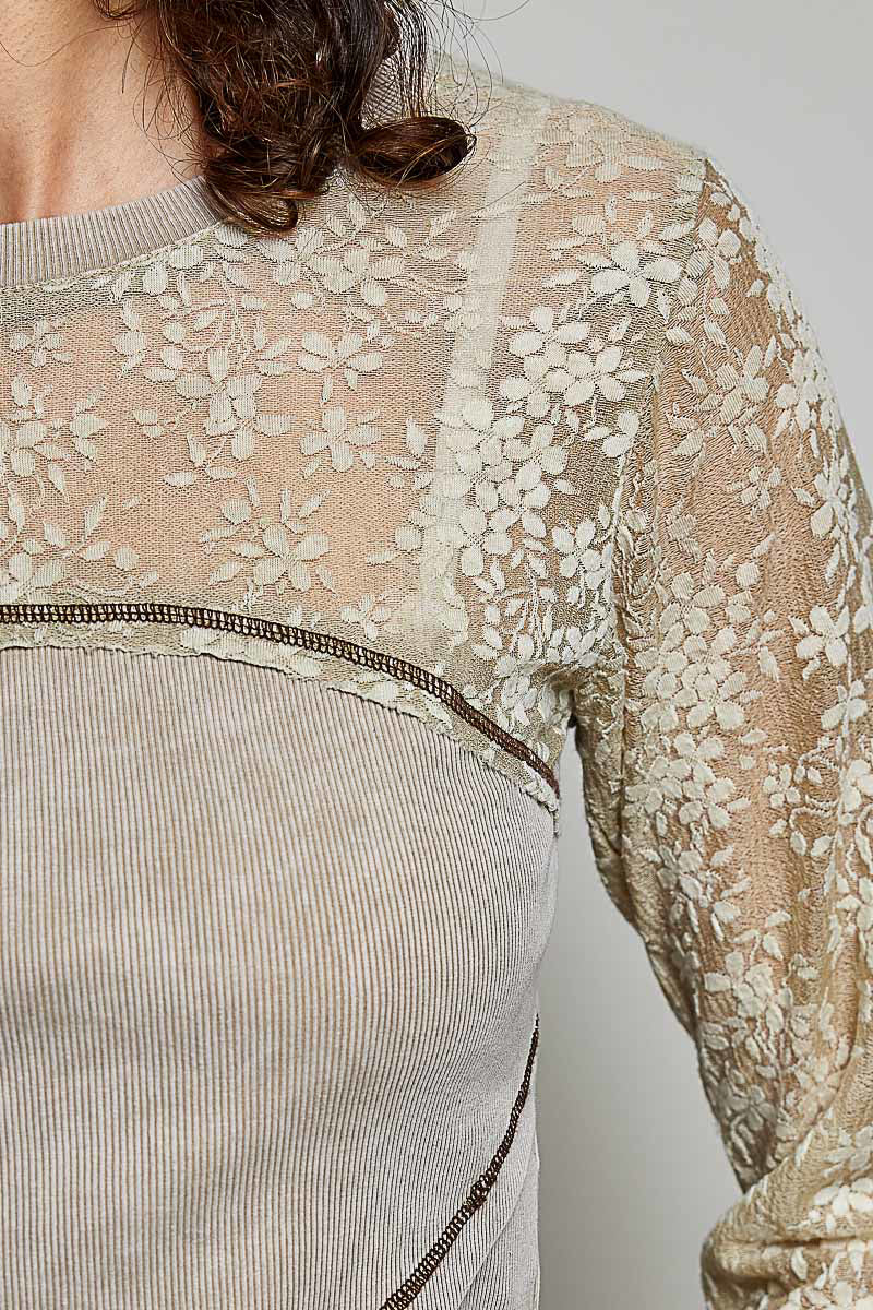 Vintage Wash Crossover Lace Sleeve Cropped Top Beige