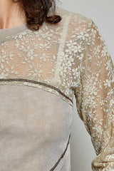 Vintage Wash Crossover Lace Sleeve Cropped Top Beige