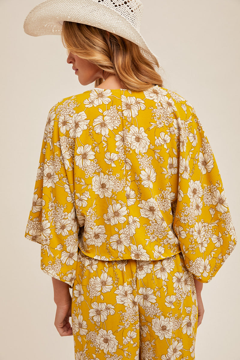 Kimono Sleeve Tie Waist Crop Cover Up Mustard