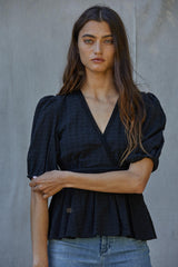 Sweet Swiss Dot Surplice Puff Short Sleeve Top Black