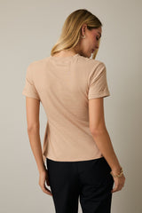 Round Neck Waist Tie Folded Sleeve Top Taupe