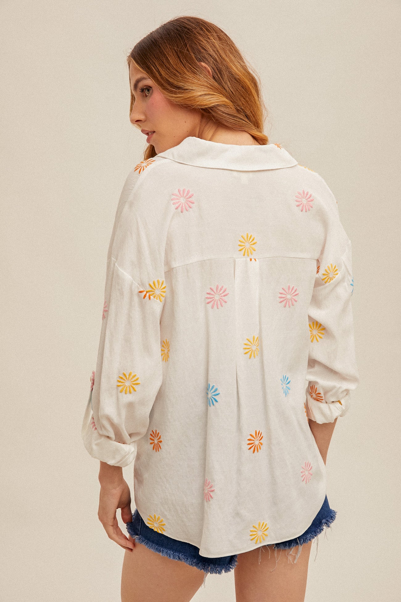 Embroidered Knotted Button Down Shirt Off White