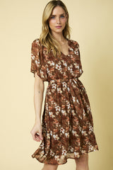 Floral Waist Tie Vneck Mini Dress Brown + Ivory