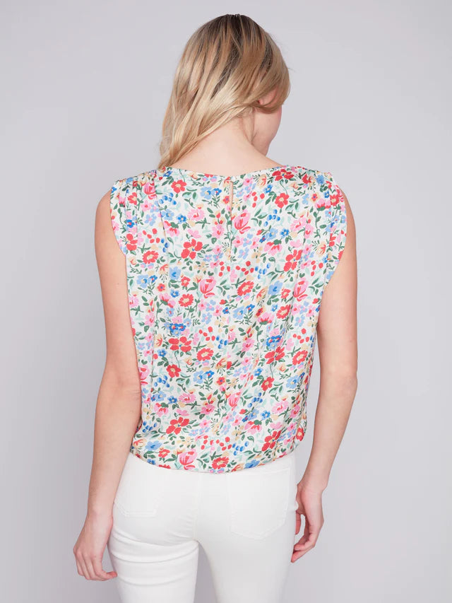 Printed Sleeveless Satin Tie Waist Top Ditsy