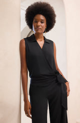 Surplice Side Self Tie Collared  Sleeveless Top Black