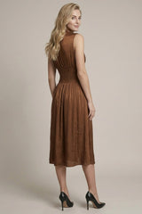 Satin Smocked Bodice Zipper Midi Dress Cocoa Brown