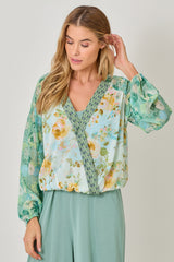 Mix Border Print Surplice Top Green Mix