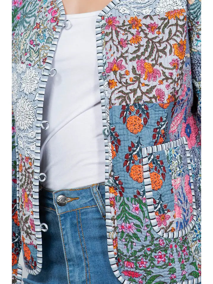 Nova Floral Quilted Patchwork Reversible Jacket Grey Combo