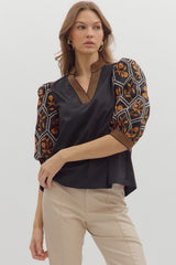 Floral Pattern 3/4 Embroidered Details Top Black