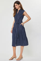 Belted Pinstripe Cap Sleeve Dress Navy