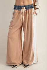 Color Block Denim Drawstring Pants Cinnamon