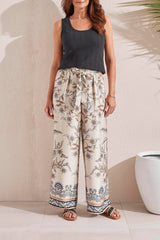 Floral Border Print Flowy Pants French Oak