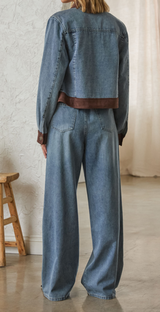 Suede Collar Trim Denim Jacket Denim