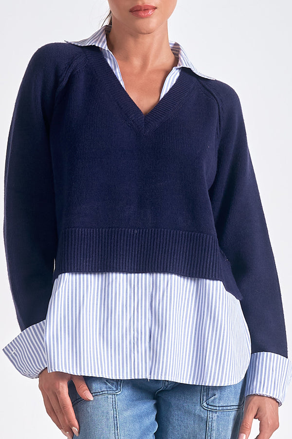 Two Fer Layered Collared Shirt Sweater Navy Blue