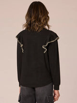 Embroidered Ruffle Shoulder Mix Media Sweater Black + Natural