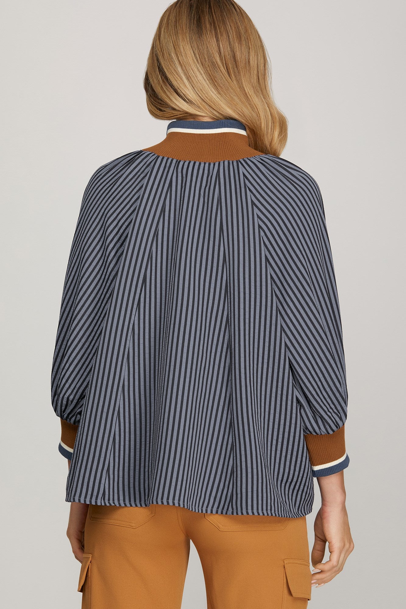 3/4 Sleeve Half Zip Stripe Top Navy