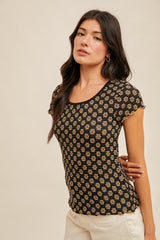 Floral Lace Cabbage Hem Tee Black