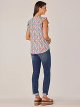 Ruffle Cap Sleeve Printed Knit Top Orchid Teal Multi