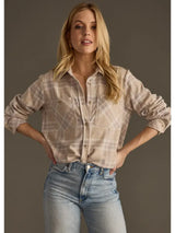 Button Up Plaid Shirt Tan, Mauve + White