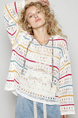 Flare Sleeve Stripe Detail Star Crocheted Hoodie Ivory Multi