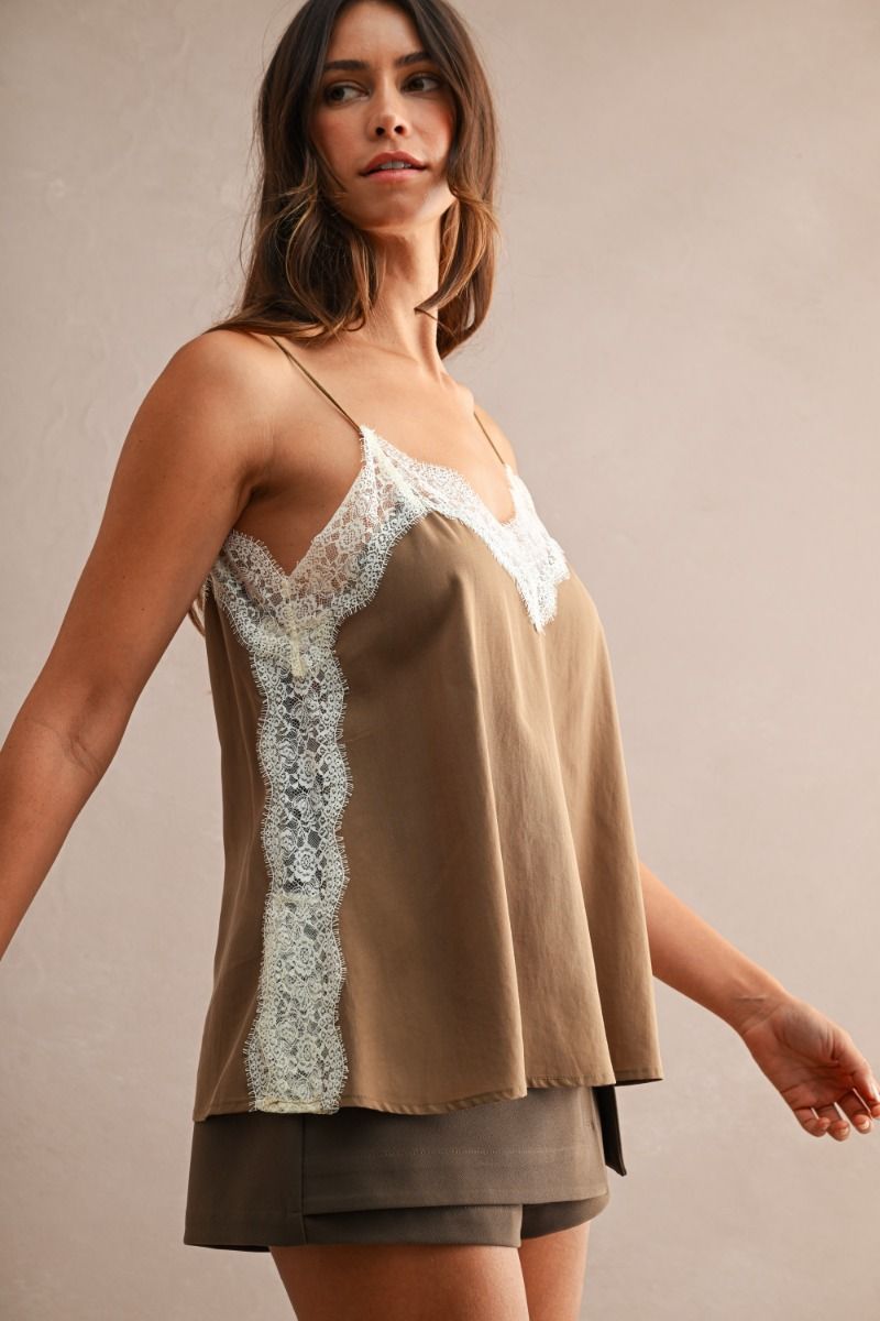 Contrast Lace Trim Cami Mocha