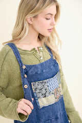 Mineral Washed Tiered Patchwork Boho Jumpsuit Navy