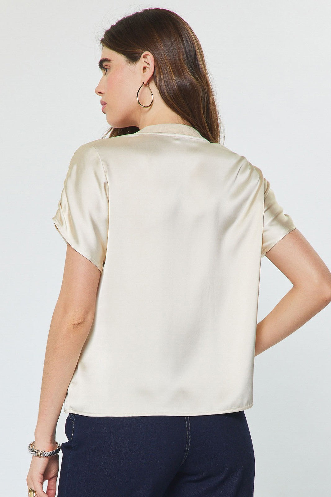 Gathered Shoulder Boxy Satin Top Ecru