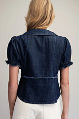 Ruffle Button Down Denim Blouse Denim