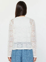 Open Knit Crew Neck Button Down Cardigan White