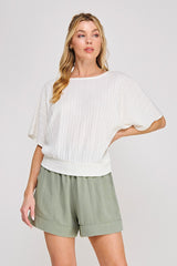 Wavy Textured Banded Dolman Top Off White