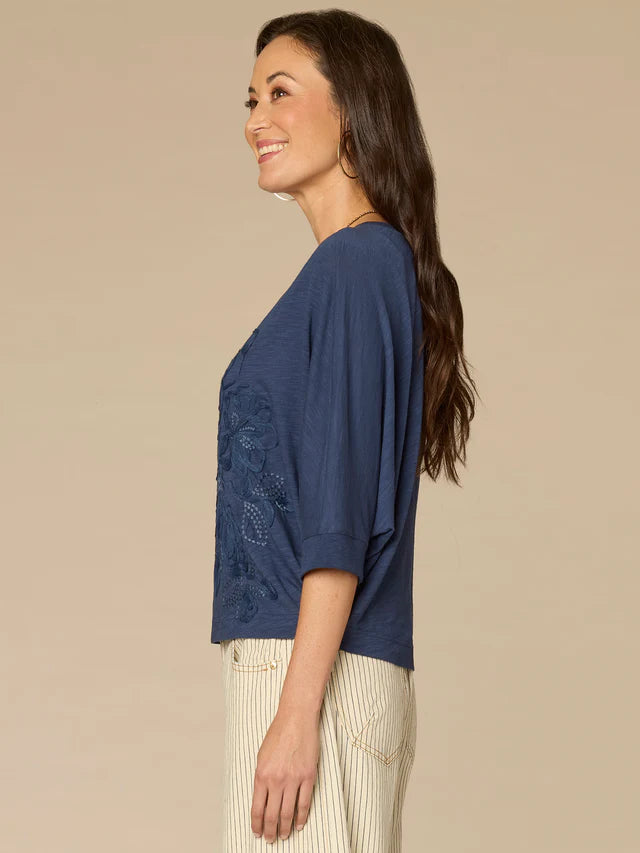 3/4 Dolman Sleeve Embroidered Knit Top Navy Multi